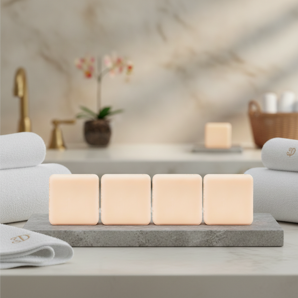 Four Nag Champa Shower Steamers on a spa tray with towels and a bathroom setting in the background.