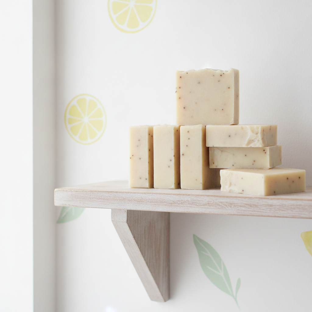 Cinnamon Latte Soap Bars stacked on a white shelf with soft coffee-shop inspired background accents.