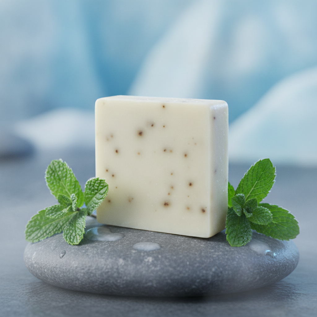 Peppermint Soap Bar on a wet stone surface with fresh mint leaves.