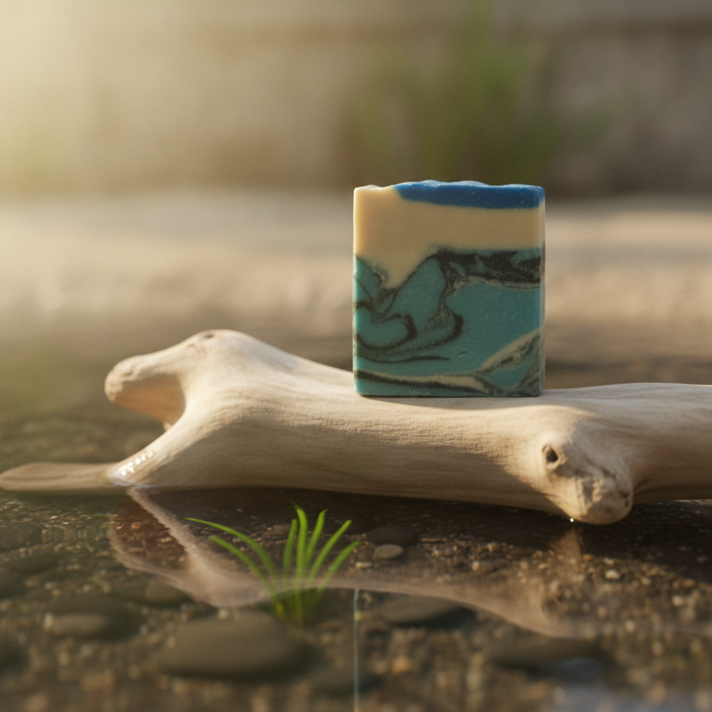 Lowcountry Blue soap bar on driftwood over shallow water in warm coastal light