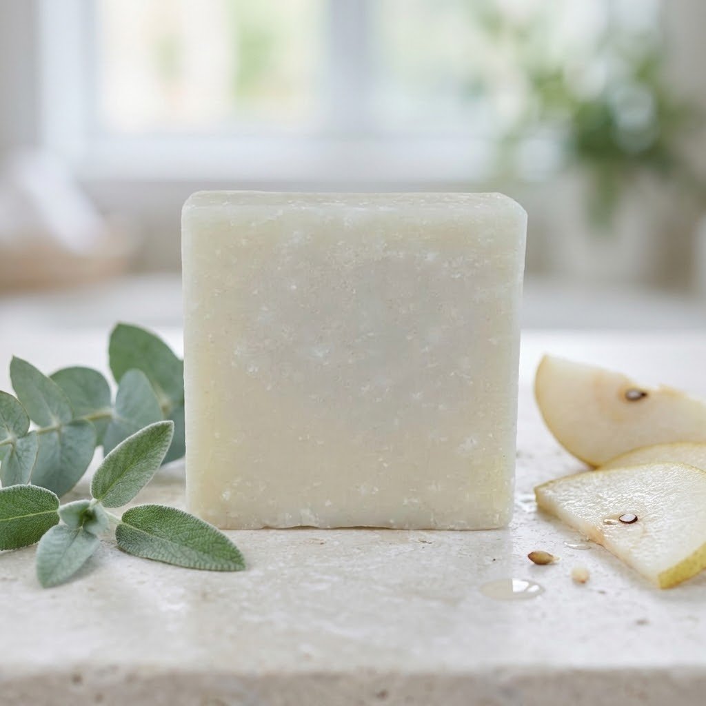 Big Sister Soap displayed with fresh pear slices, soft green herbs, and natural spa-inspired styling.