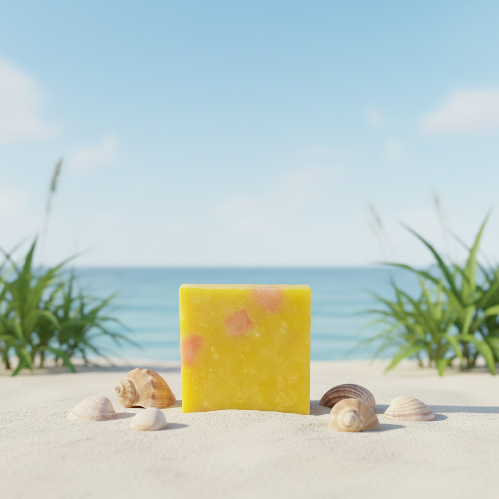 Island Girl Radiance handmade soap bar on sandy beach with seashells and tropical grass by the ocean