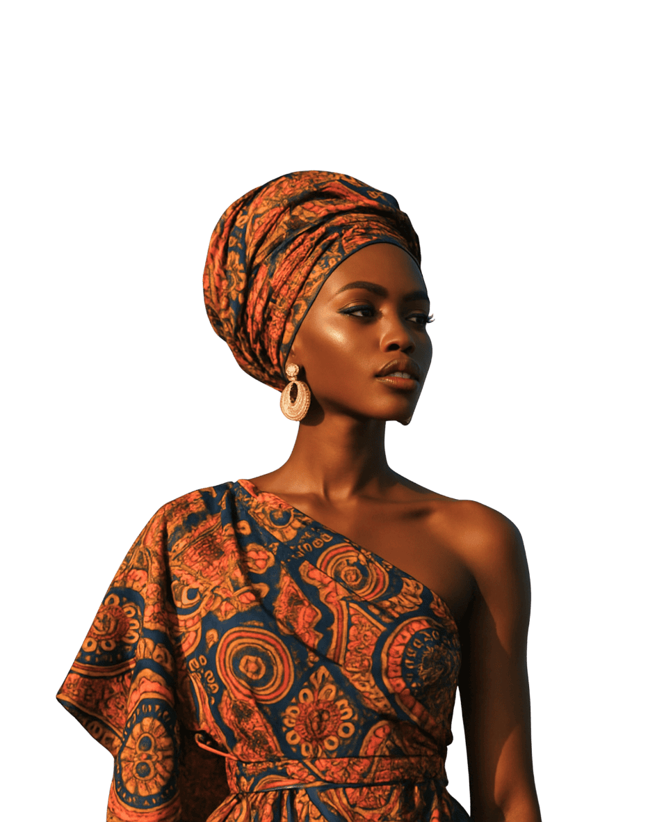 A woman wearing a vibrant patterned headwrap and matching one-shoulder dress poses against a magenta background with “Heritage Line” text above.