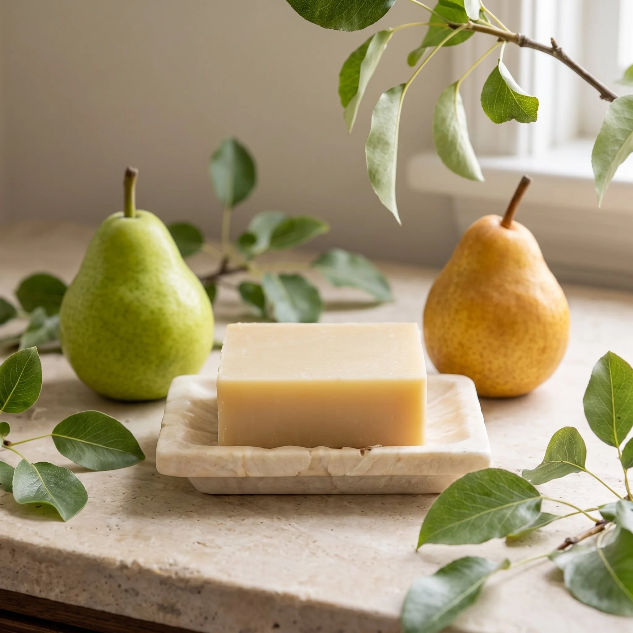 French Pear Soap Bar on a stone tray with green and golden pears in soft bathroom lighting.