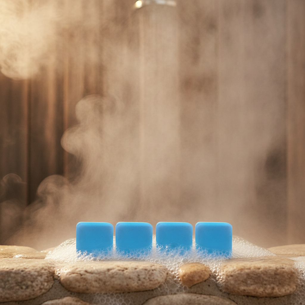 Four blue Stress Relief Shower Steamers on spa stones with warm steam in the background.
