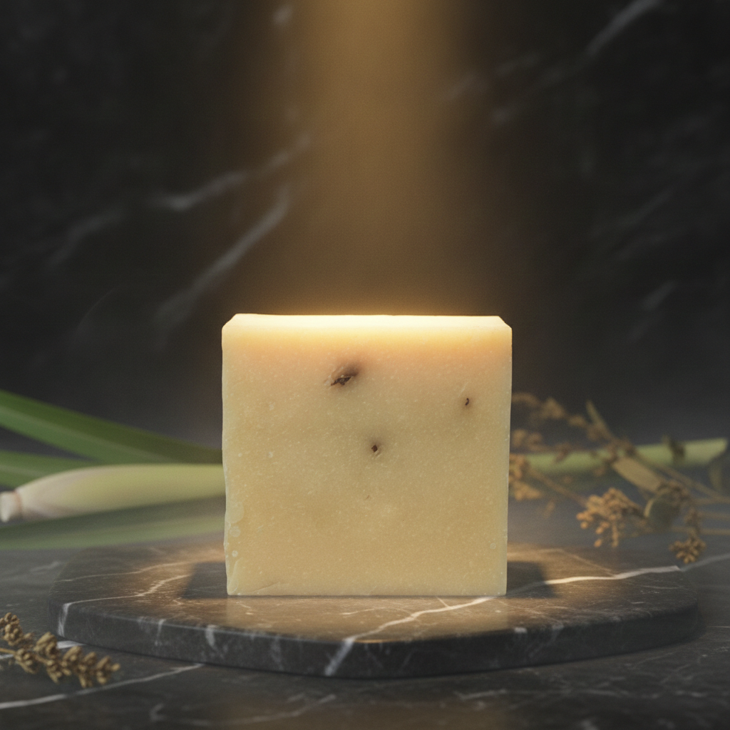 Lemongrass Soap Bar on a dark marble surface with warm spotlighting and lemongrass accents.