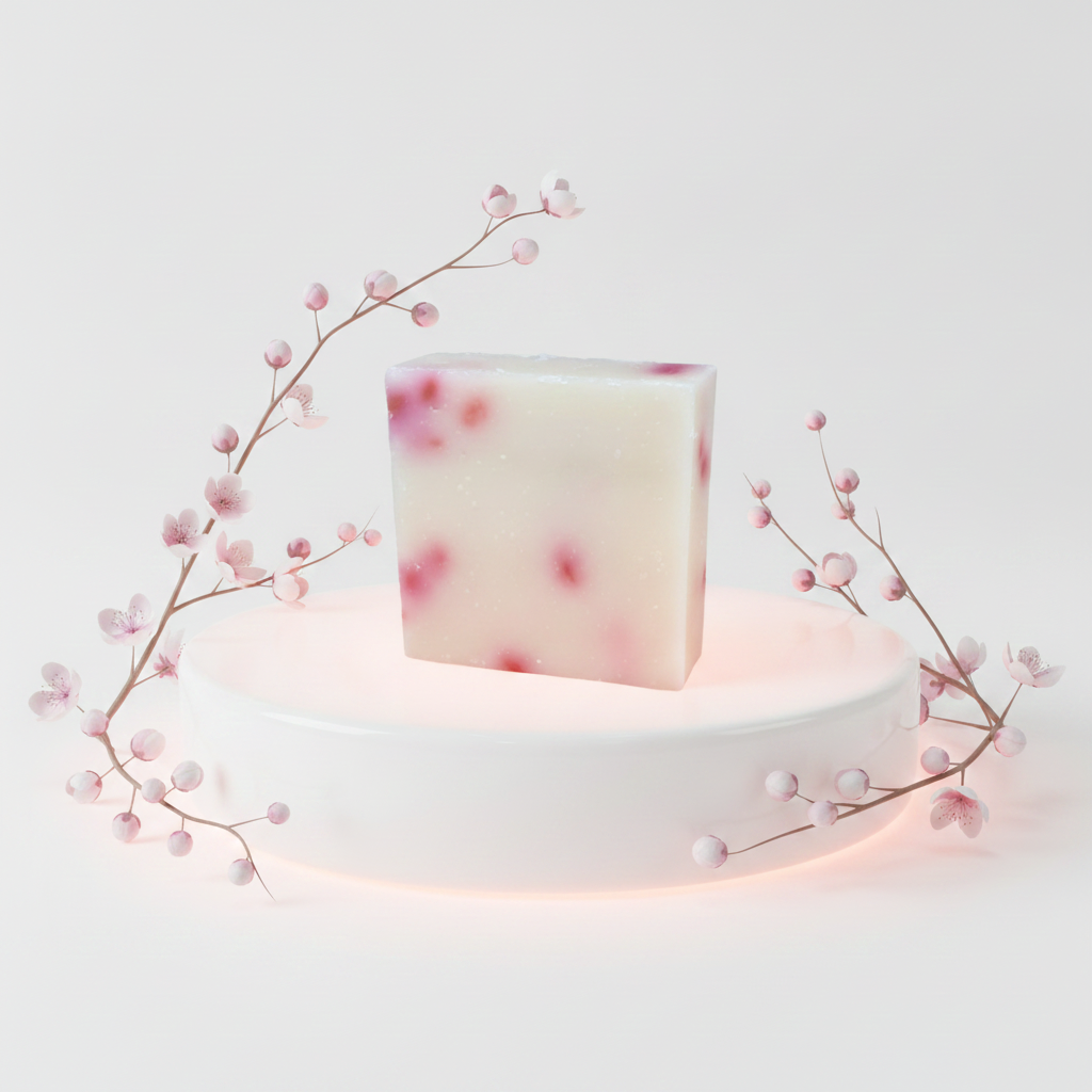 Asian Tea Blossom Soap Bar on a white pedestal surrounded by delicate pink blossom branches.