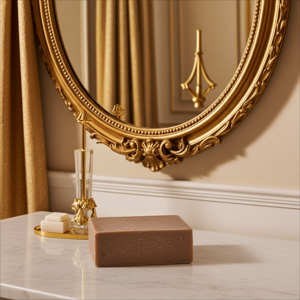 Osei Gold soap bar styled beneath an ornate gold mirror in a polished regal bathroom setting
