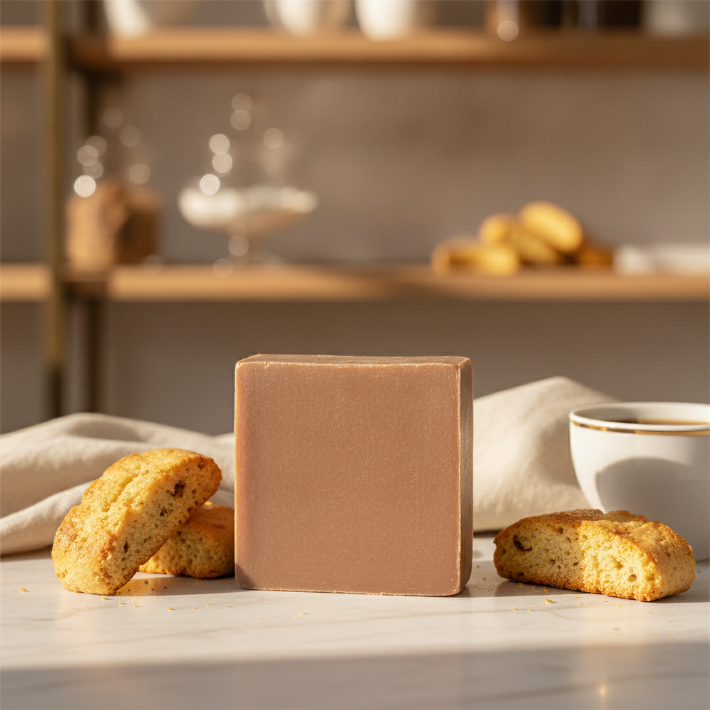 French Vanilla Biscotti Soap Bar beside biscotti cookies and a cup of coffee in a warm café-style setting.