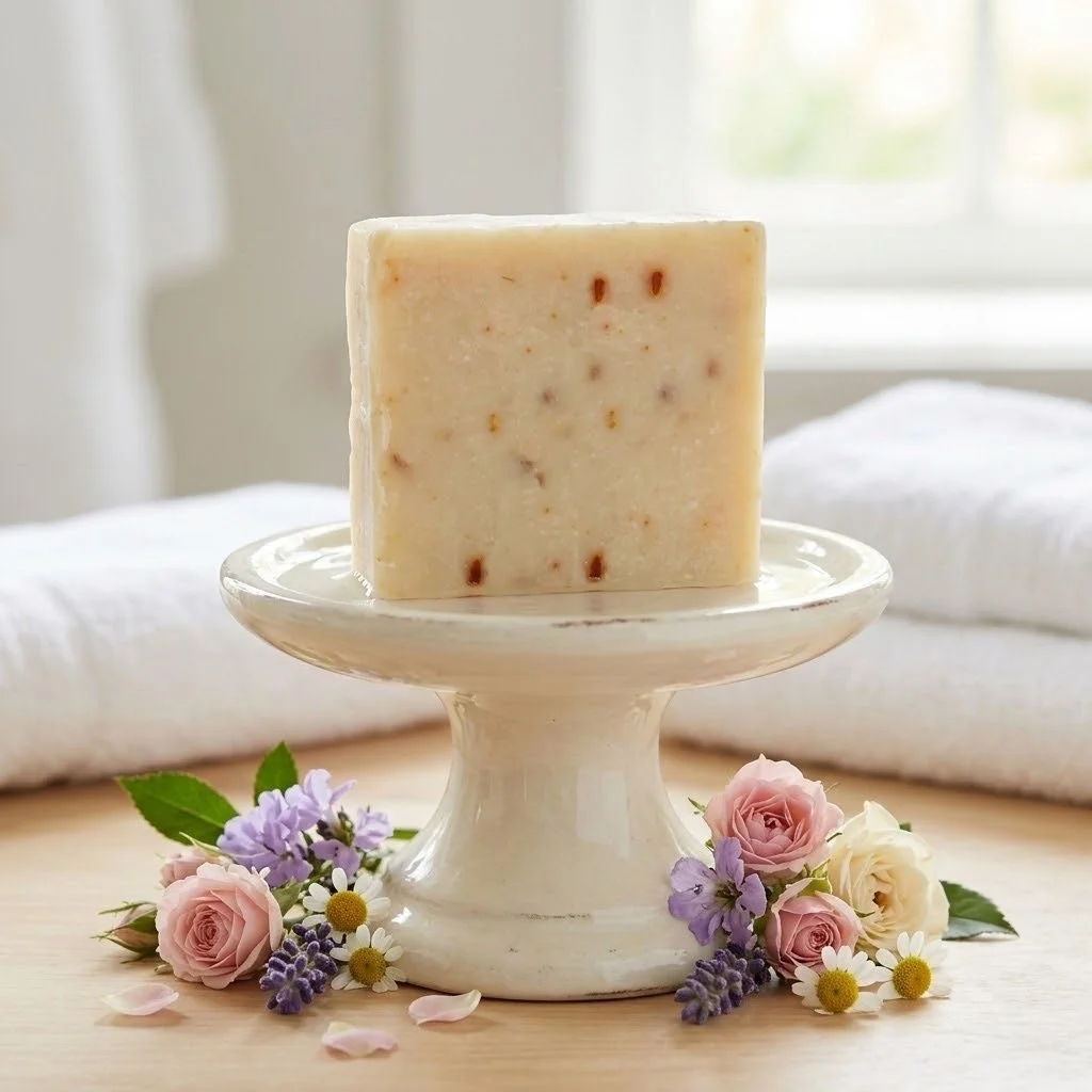 Speckled soap bar on a white pedestal beside small flowers and folded towels.