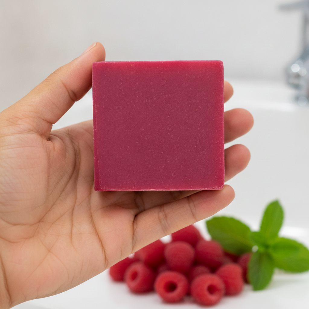 Raspberry Mint Soap Bar held in a hand with raspberries and mint leaves in the background.
