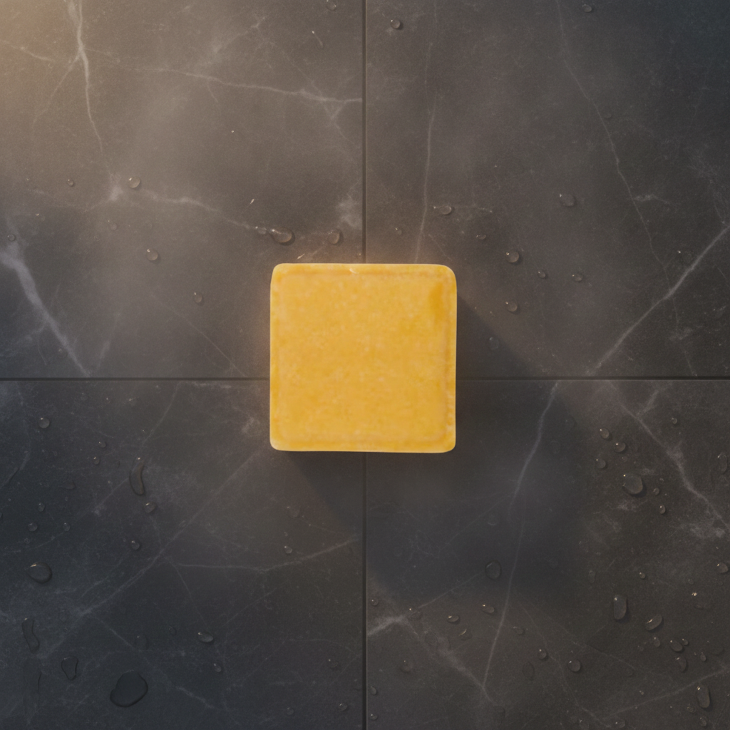 Yellow square shower steamer sitting on a dark shower wall with water droplets around it.