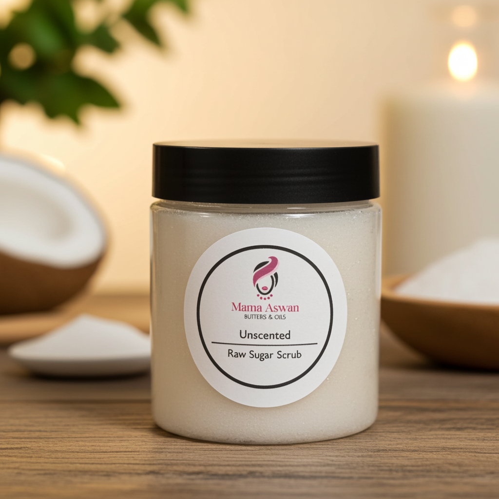 Unscented Sugar Exfoliating Scrub jar by Mama Aswan on a wooden surface with natural warm lighting.