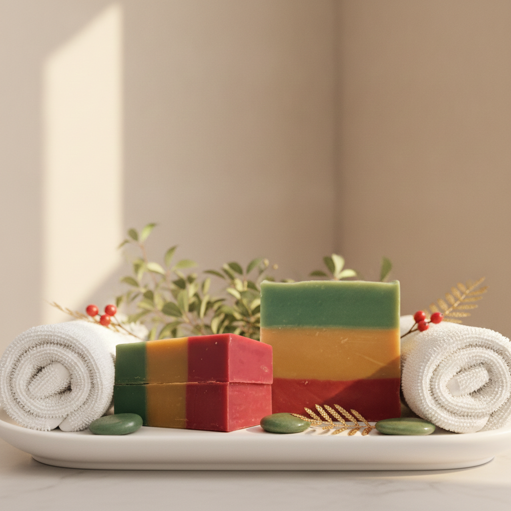 Several Rasta Roots Soap bars arranged with rolled towels, greenery, and decorative stones