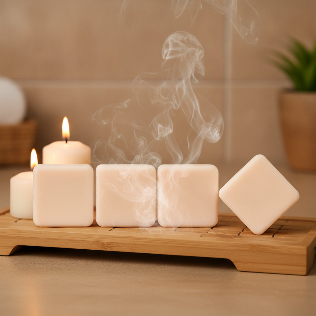 Nag Champa Shower Steamers displayed on a wooden tray with candles and soft steam.