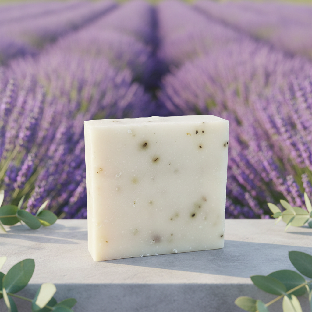 Eucalyptus Lavender Goat’s Milk Soap Bar displayed outdoors with lavender fields and eucalyptus leaves in the background.