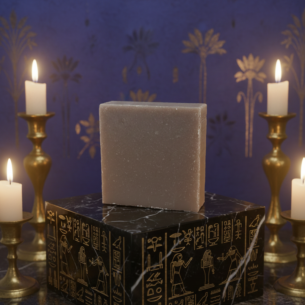 Queen of the Nile handmade soap bar displayed on a decorative box with candles in a regal heritage-inspired setting