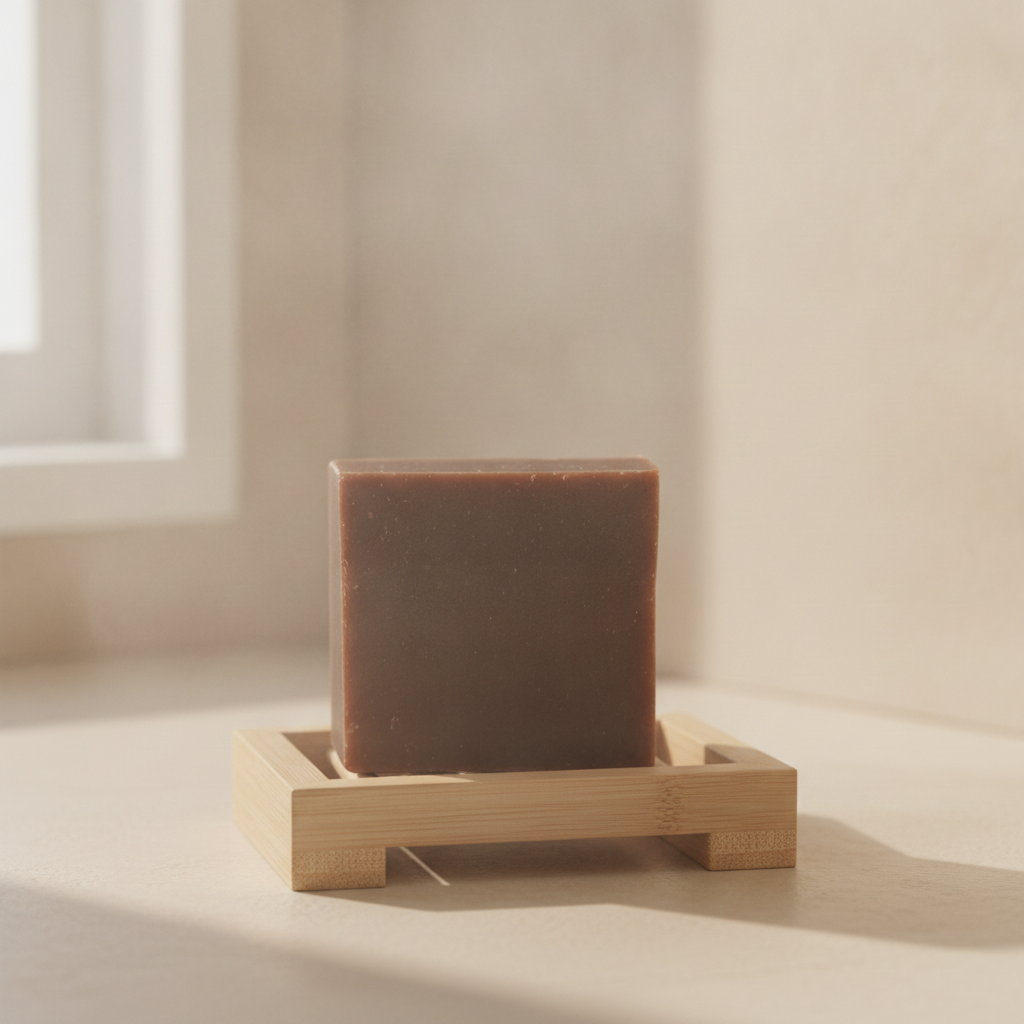 Moroccan Vanilla Goat’s Milk Soap Bar on a wooden soap dish in soft bathroom lighting.