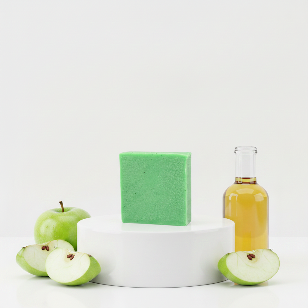 Apple Cider Vinegar Soap Bar displayed with green apples and apple cider vinegar on a white pedestal.