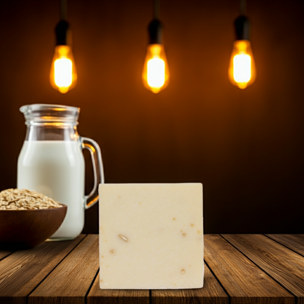 A warm ingredient-inspired image of Unscented Goat’s Milk Facial Soap from The White Line by Mama Aswan styled with a milk pitcher and oats to highlight its nourishing, gentle formula.