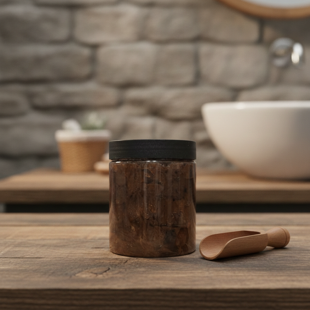 8 oz Raw African Black Soap Paste jar on a rustic bathroom counter beside a small wooden scoop.