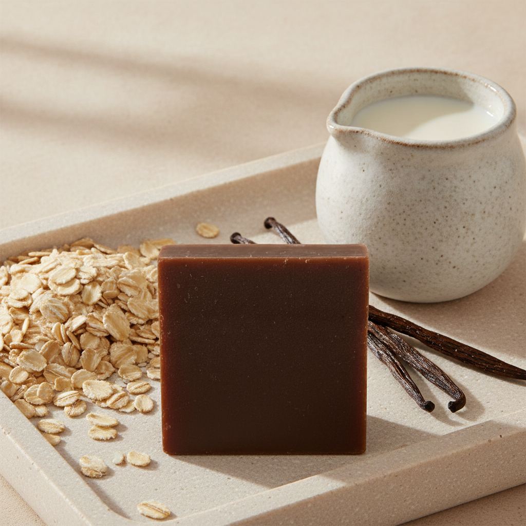 Moroccan Vanilla Goat’s Milk Soap Bar on a tray with oats, vanilla beans, and a small pitcher.