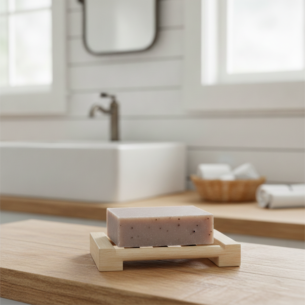 Oatmeal Goat’s Milk Soap resting on a wooden soap dish in a bright farmhouse-style bathroom.