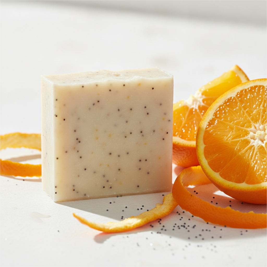 Mechanic’s Soap Bar with orange slices, orange peel, and poppy seeds on a bright white surface.