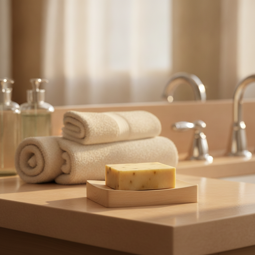 Cherry Almond Soap Bar in a wooden soap dish beside rolled towels on a bathroom counter.
