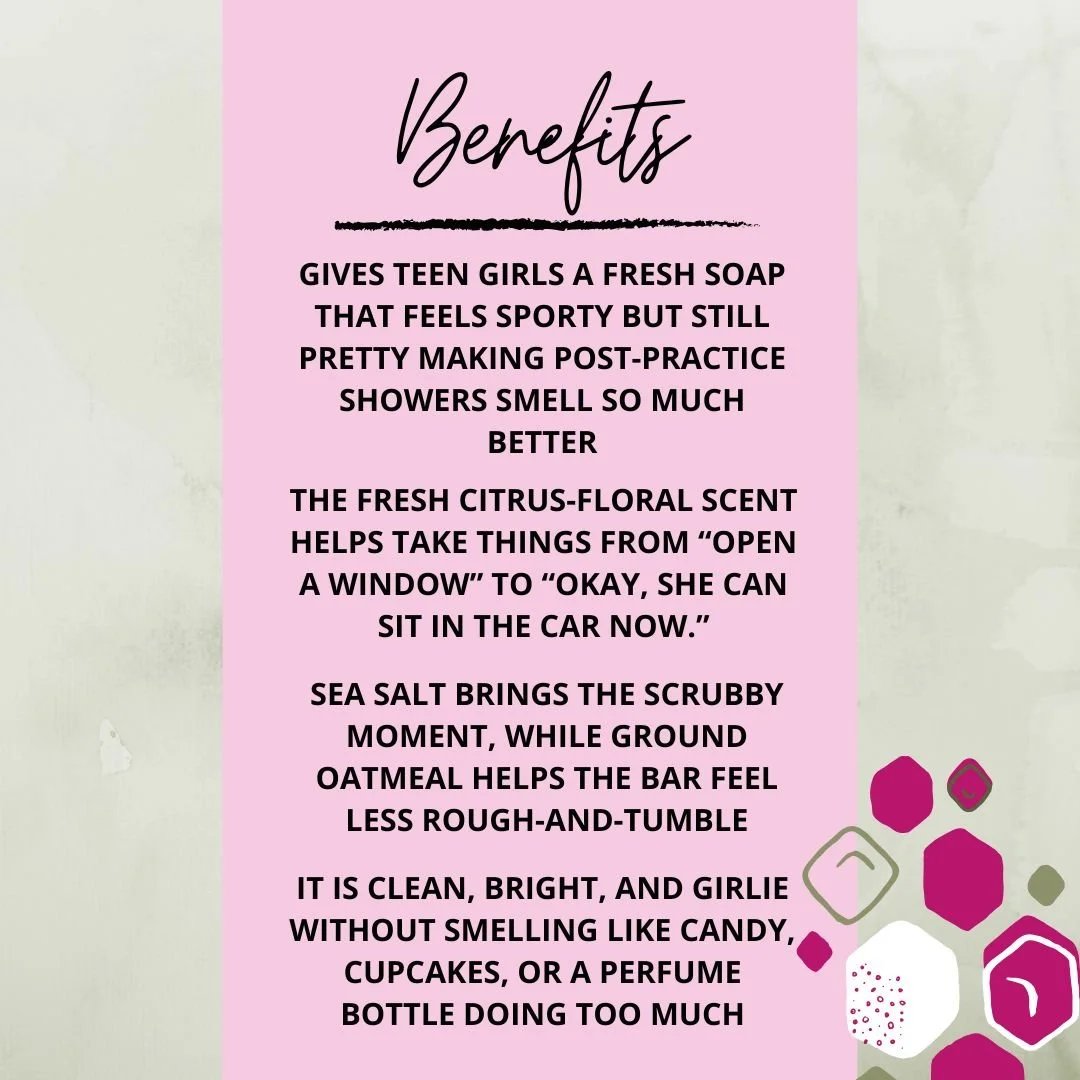 Benefits graphic for Spring Breeze Scrub Soap Bar highlighting its teen girl athlete appeal, fresh citrus-floral scent, sea salt texture, and ground oatmeal feel.