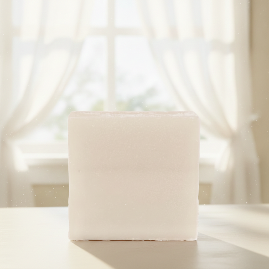 Cotton Blossom Soap Bar in soft window light with sheer white curtains in the background.