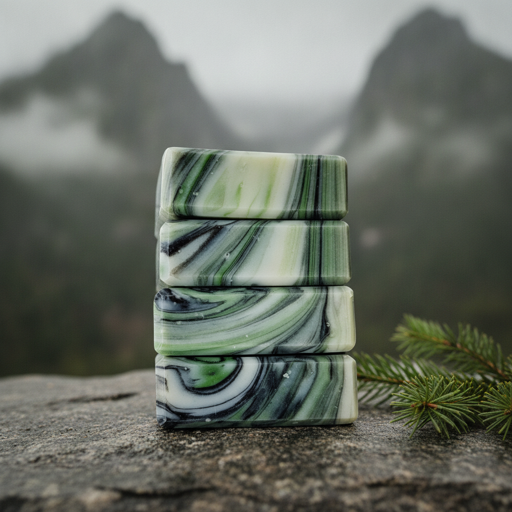 Stacked Mountain Air Soap Bars on a rock surface with evergreen branches and foggy mountains behind them.