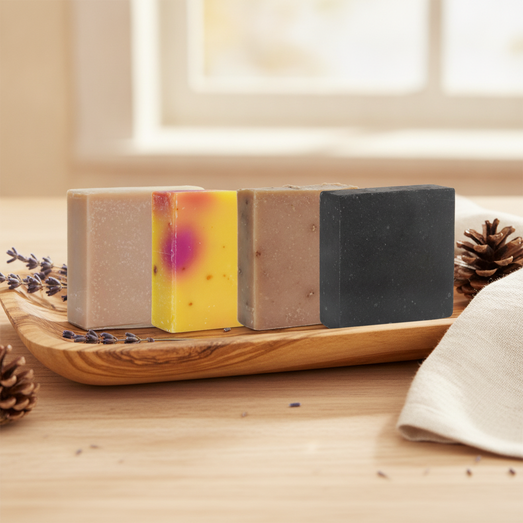 Four Classic Handmade Soap Bars arranged on a wooden tray with lavender, pinecones, and soft fabric accents.