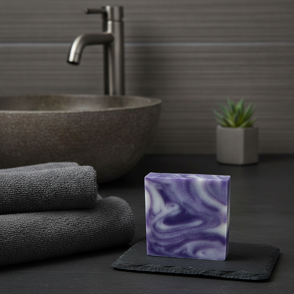 Lavender Soap Bar on a dark stone tray beside a bathroom sink and folded towel.