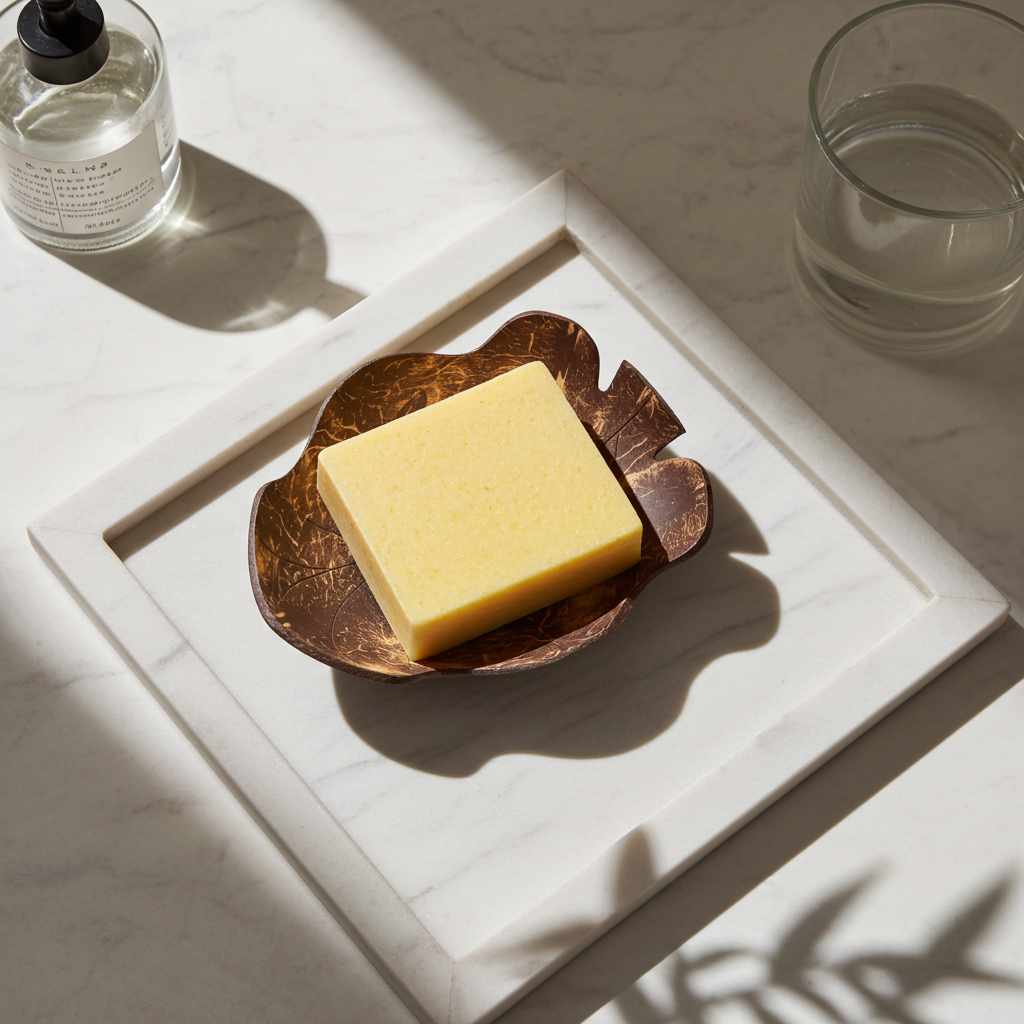Curved leaf-shaped coconut shell soap dish holding a yellow soap bar on a white marble tray with glass bottles and water nearby.