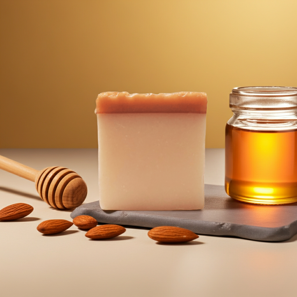 Bar of Honey Child soap beside a small jar of golden honey and scattered almonds