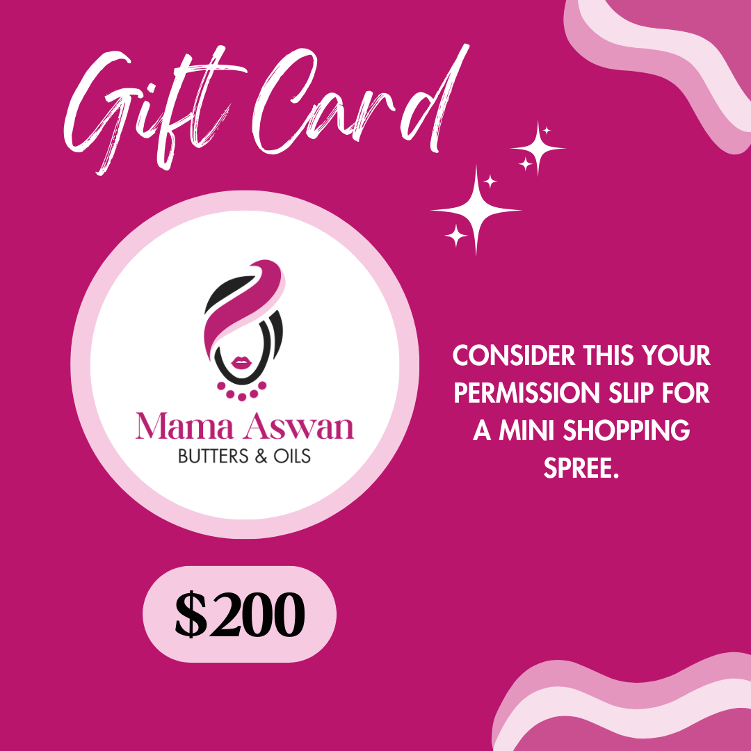 Branded digital gift card graphic for Mama Aswan Butters & Oils, featuring a bright pink background, the Mama Aswan logo in a circular frame, bold “Gift Card” heading