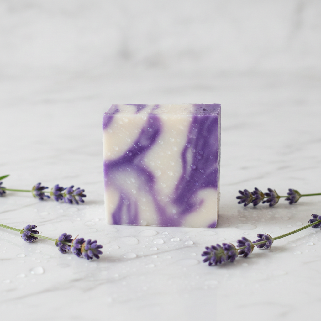 Lavender Soap Bar on a wet marble surface surrounded by lavender sprigs.