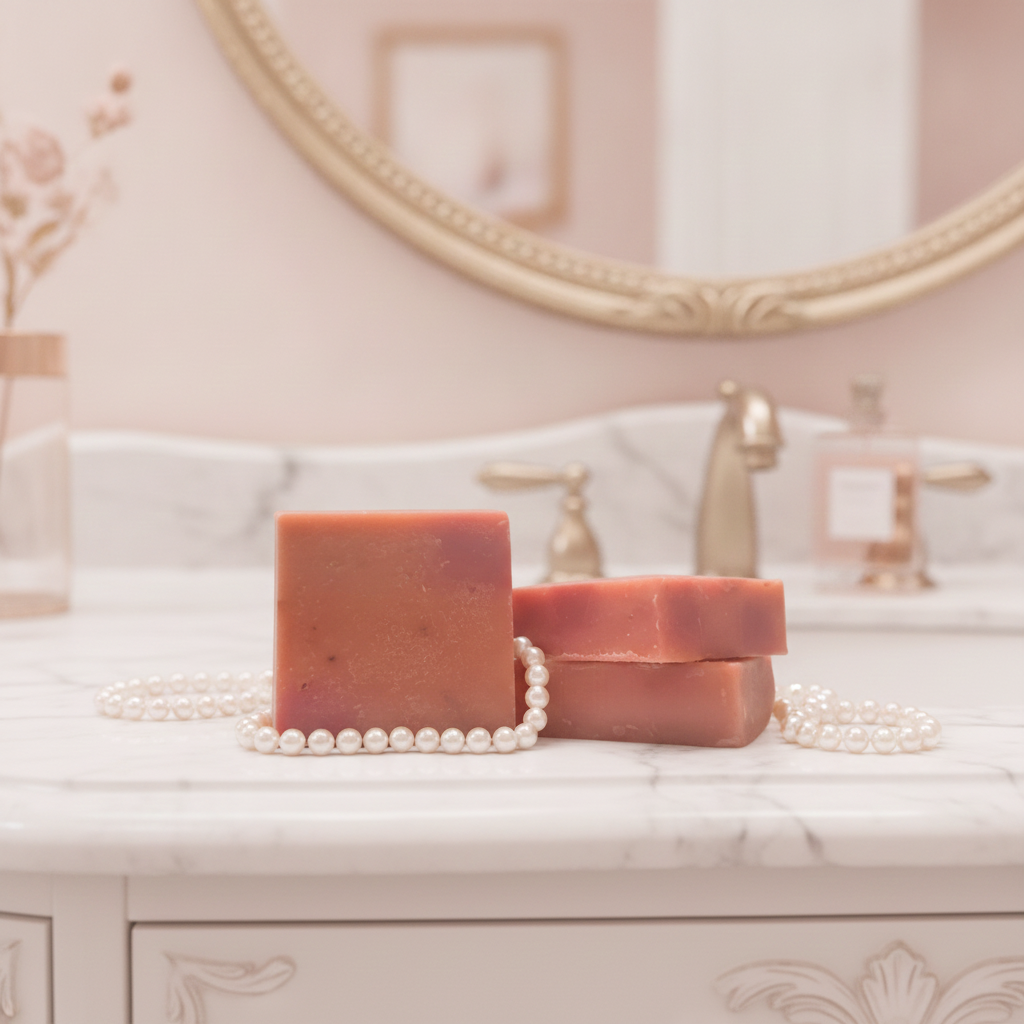 Two Bougie Auntie soap bars on a blush-toned bathroom vanity with pearls and a gold mirror