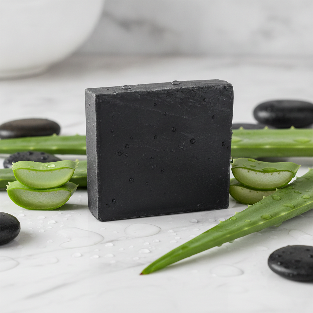 Black Soap Bar on a marble surface with aloe pieces, water droplets, and smooth black stones.