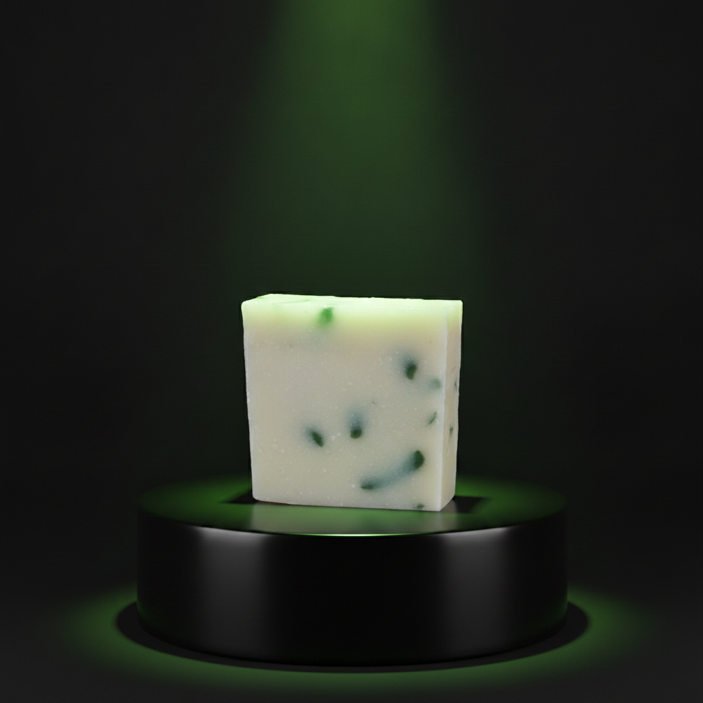 Limeade Soap Bar on a black pedestal with a dark green glowing background.