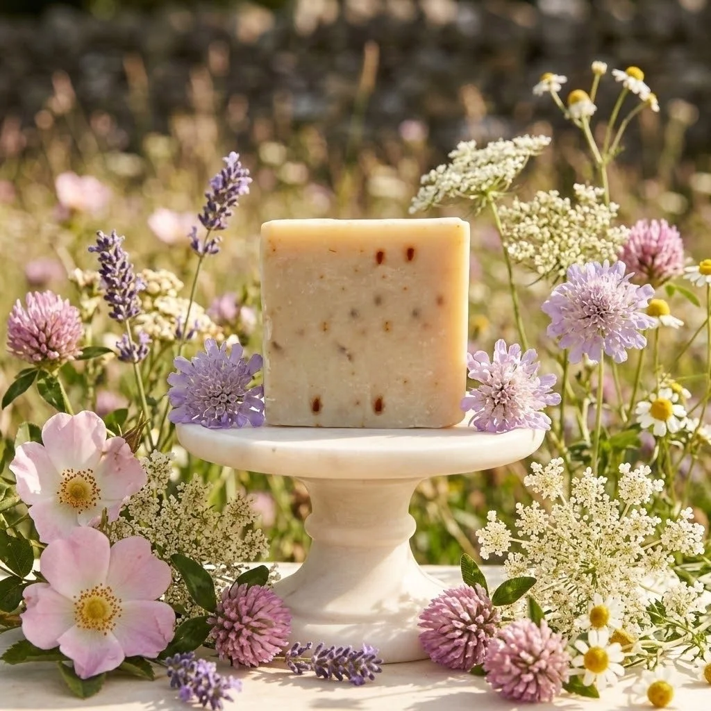 Speckled soap bar displayed on a white pedestal among pink and purple flowers.
