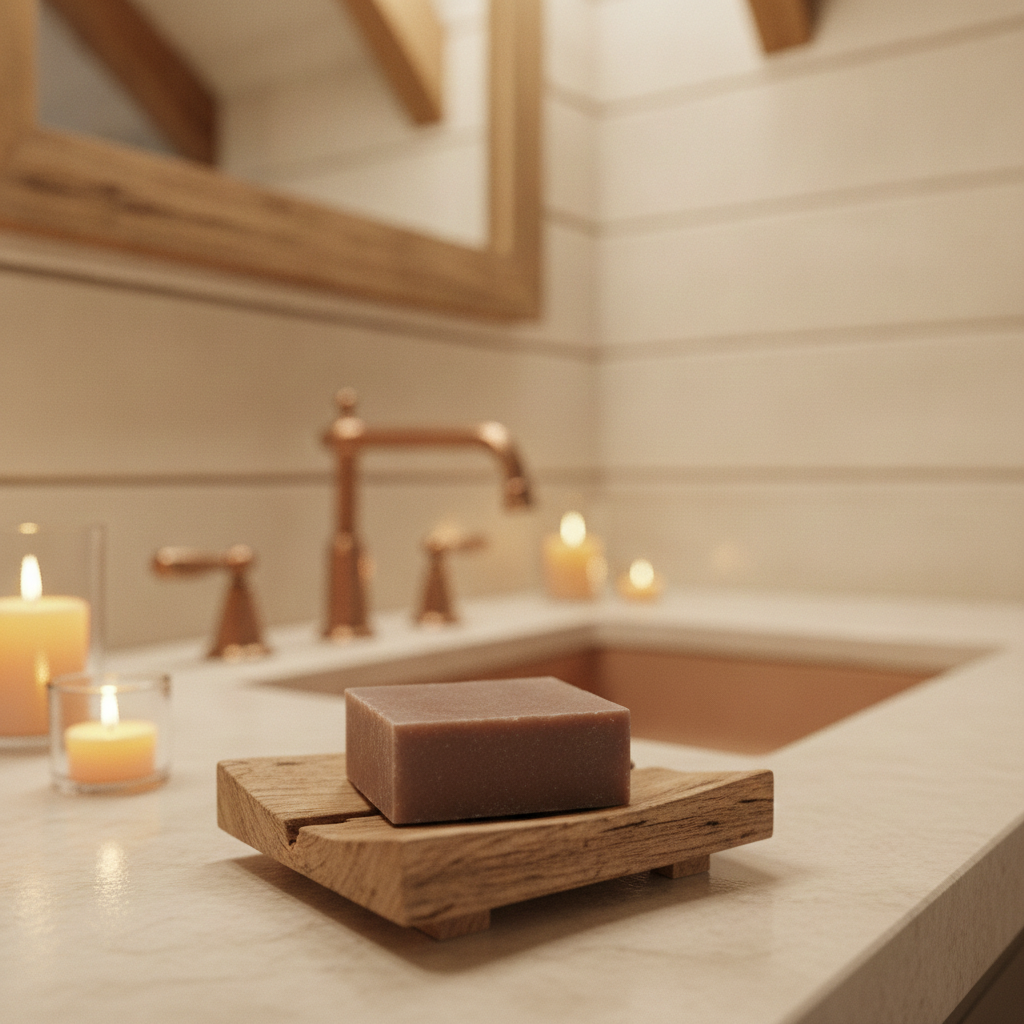 Nag Champa Mud Soap Bar on a wooden soap dish beside a bathtub with candles and warm bathroom lighting.