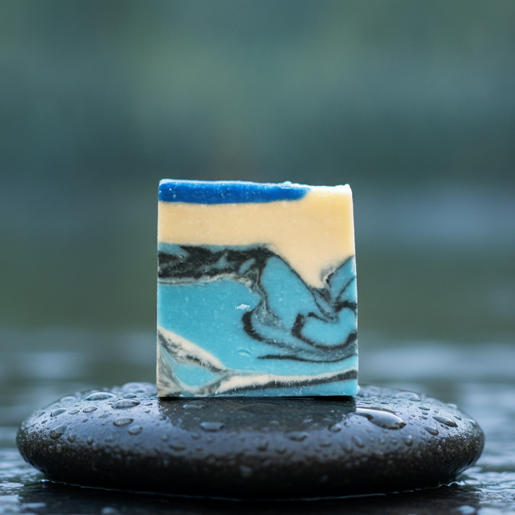 Lowcountry Blue handmade soap bar on a wet black stone with a soft blue water backdrop