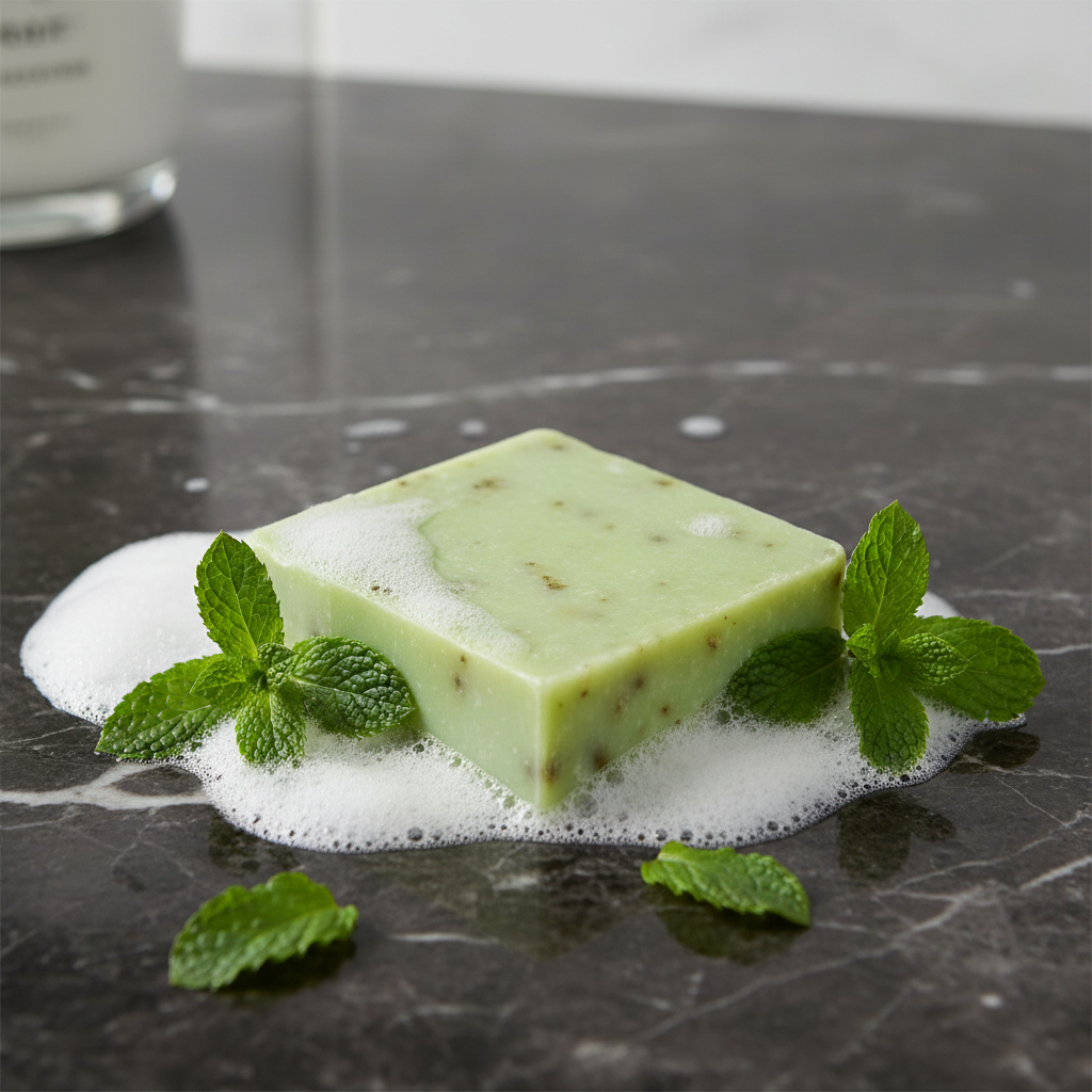 Hot Hammam soap bar on dark marble with bubbles and fresh mint leaves in soft natural light