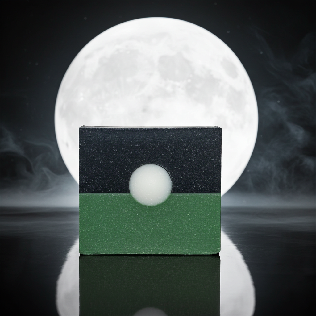 Only the Moon Above bar soap in black and olive green with a round moon-like inset, photographed on a dark surface with misty smoke in the background.