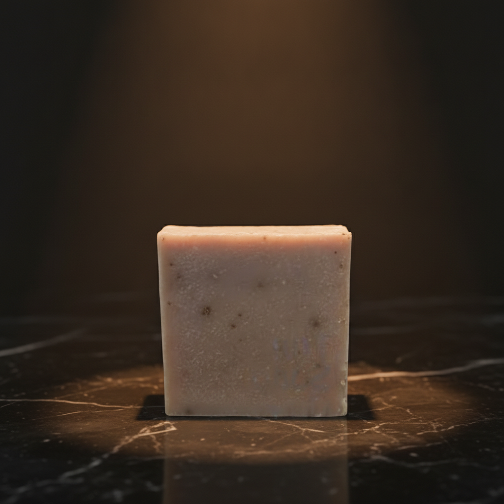 Oatmeal Goat’s Milk Soap standing on black marble under a warm dramatic spotlight.