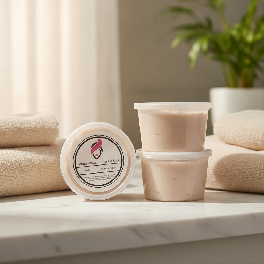16 oz Creamy Whipped Shealoe Butter tubs and labeled lid displayed between folded beige towels.