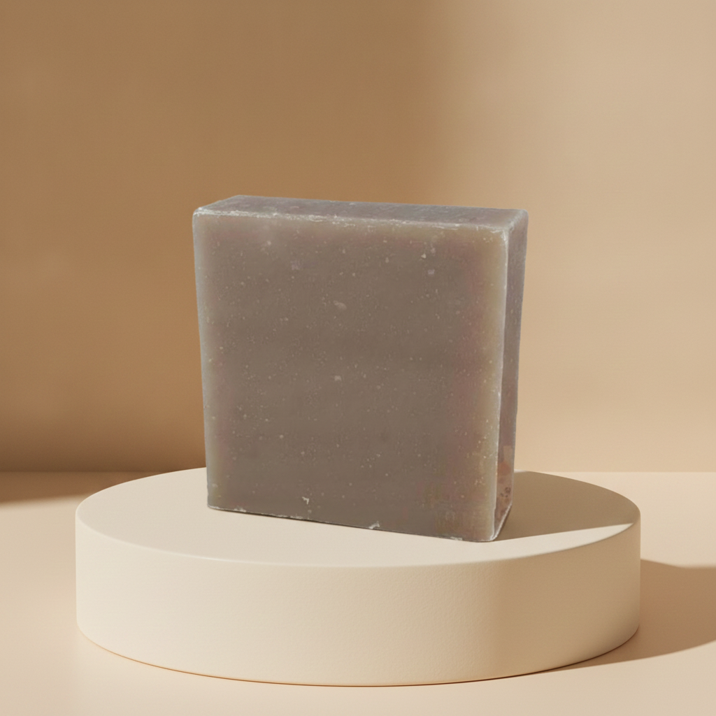 Sandalwood Soap Bar displayed on a white pedestal with warm neutral lighting.