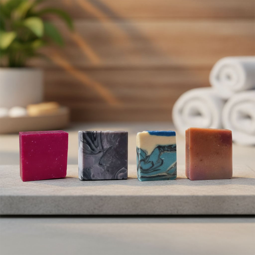 Build Your Heritage Set with four colorful Heritage Line soap bars displayed on a bathroom counter beside rolled towels.